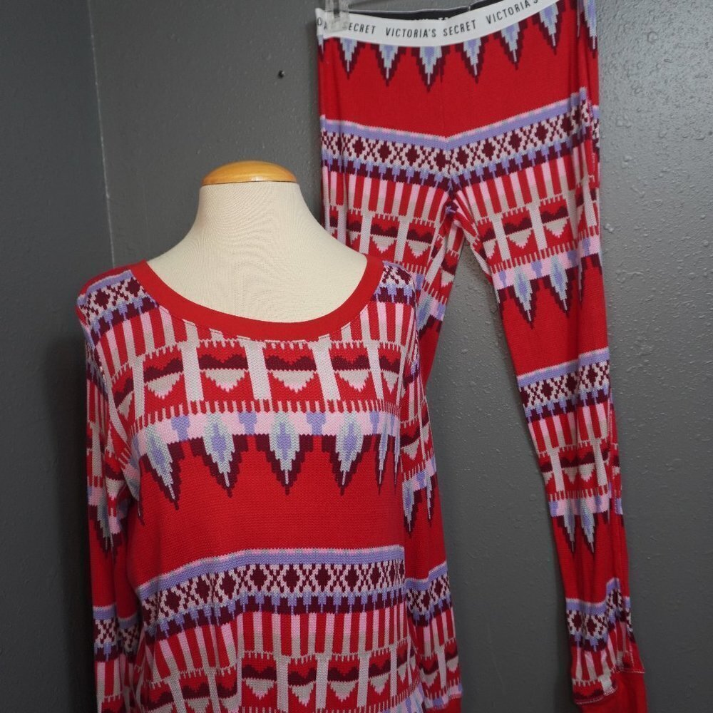 Victorias Secret Womens Fireside Thermal Red Fairisle Pajama Set Size Small - Picture 2 of 12